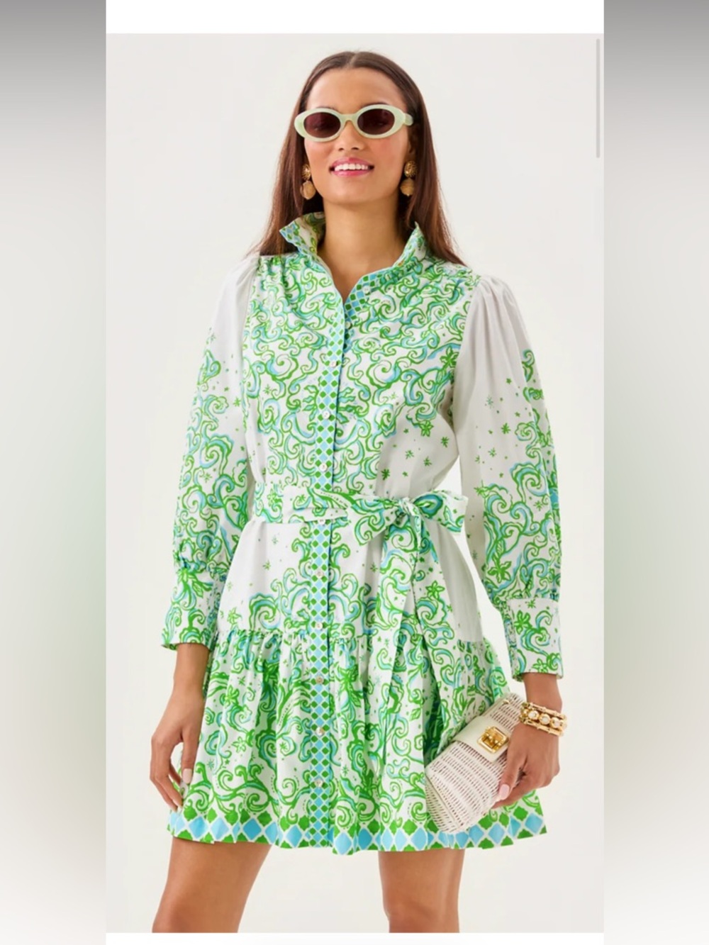 Lilly Pulitzer White Dress with Green Scroll Print